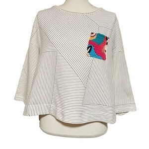 POSTMARK ANTHROPOLOGIE WOMENS WHITE WITH BLACK GEO PATTERN LINES OVERSIZED MED